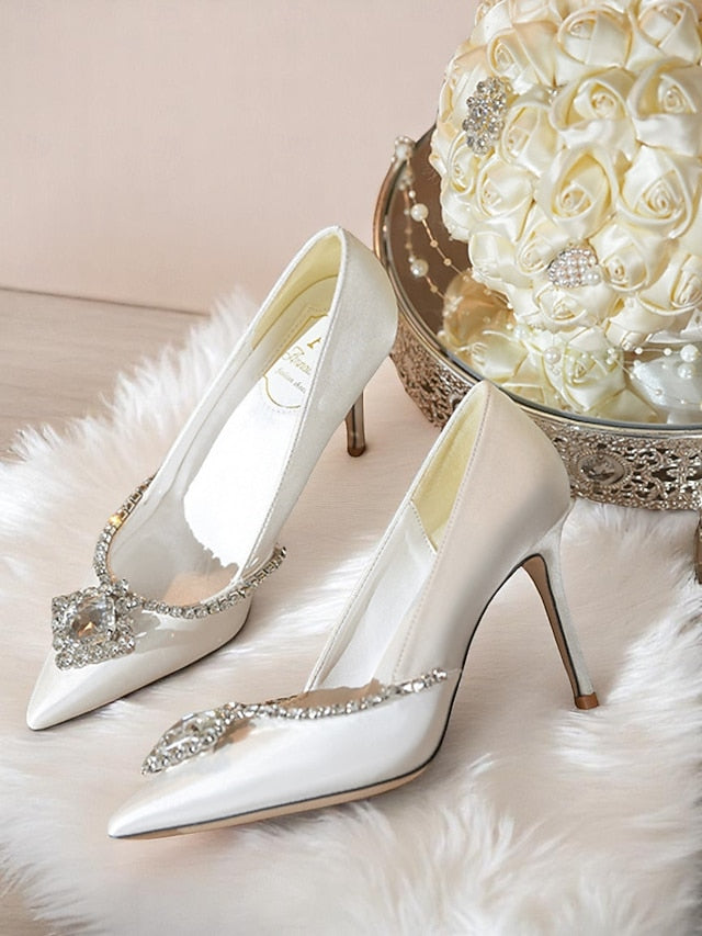 Toe White Crystal Wedding Heels Women's Satin Pointed with