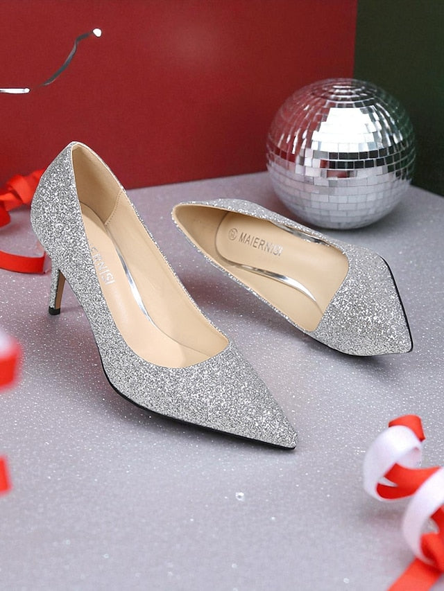 Women's Stiletto Sparkly Pumps Gold Pointed-Toe Glitter -