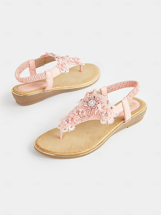 Women's – Lace Floral Pink Sandals T-Strap Embellished