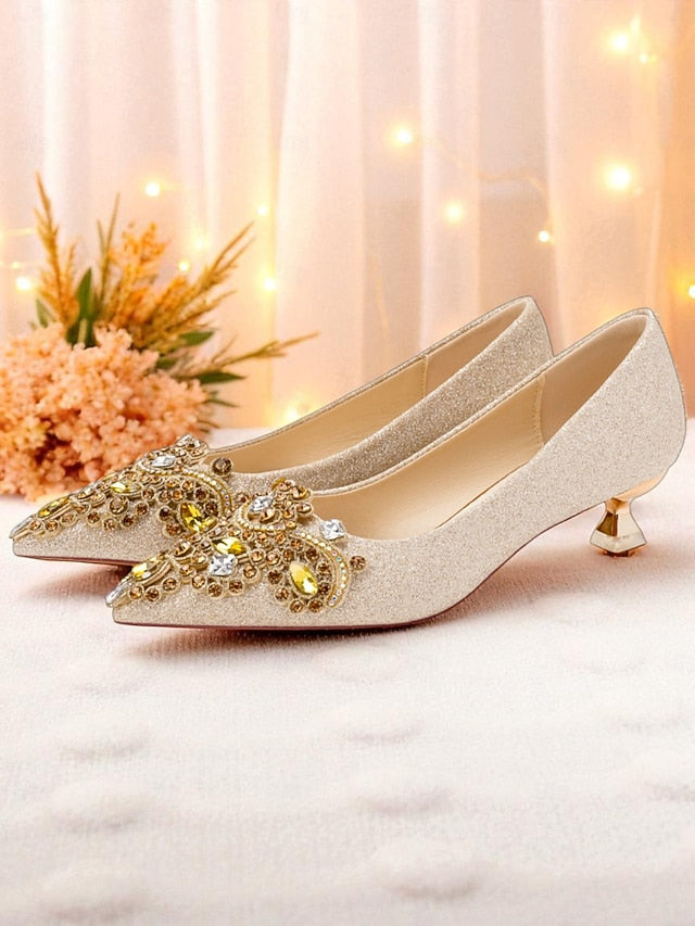 Pumps Low with Gold Heel Women's Pointed-Toe Glitter
