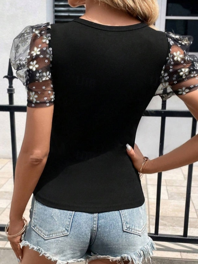 Women's T Shirt Tee Top Patchwork Mesh Plain Vintage