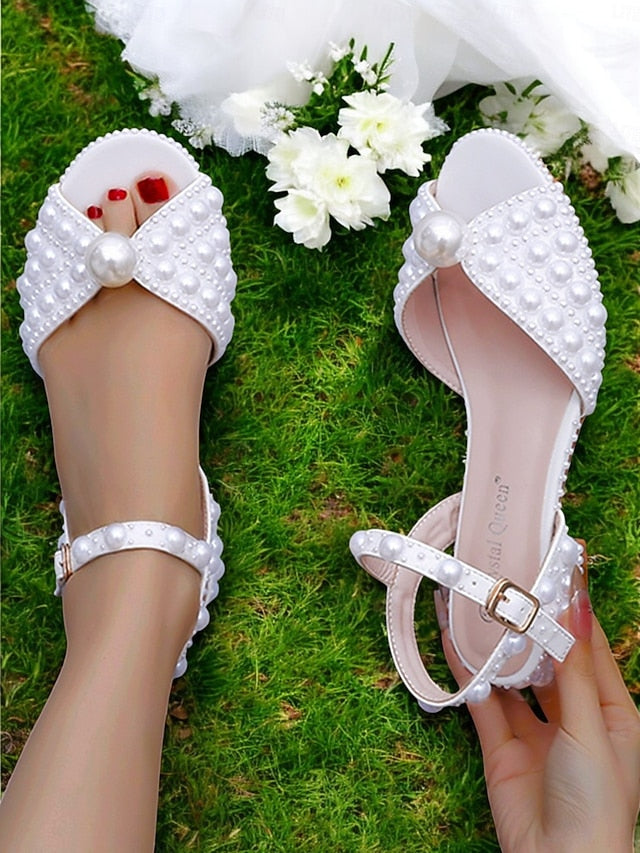 Heel Women's Low Sandals White Pearl-Embellished –
