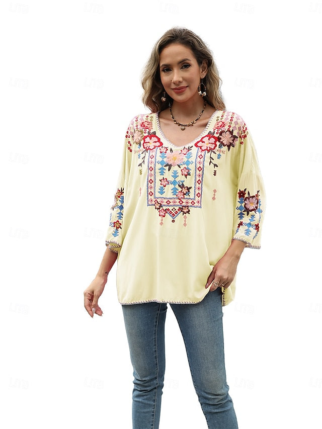 Women's Boho Shirt Embroidered Solid Color Floral Bohemia