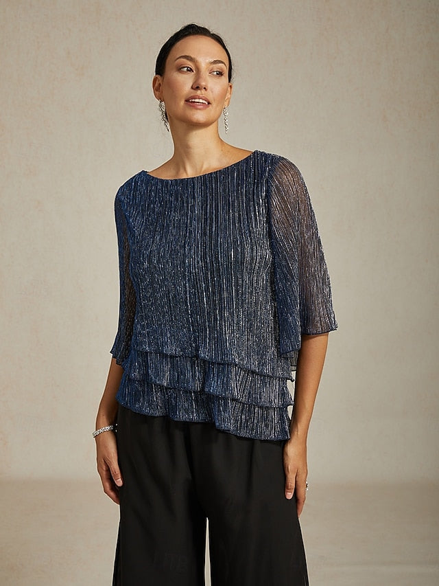 Women's Blouse Chiffon Tops Pleated Layered Metallic