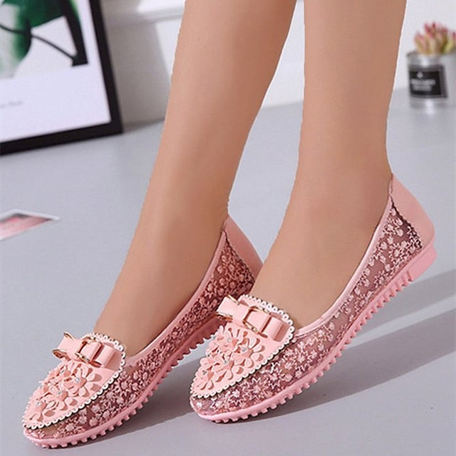 with Floral Women's Bow Flats Pink Details and Lace -