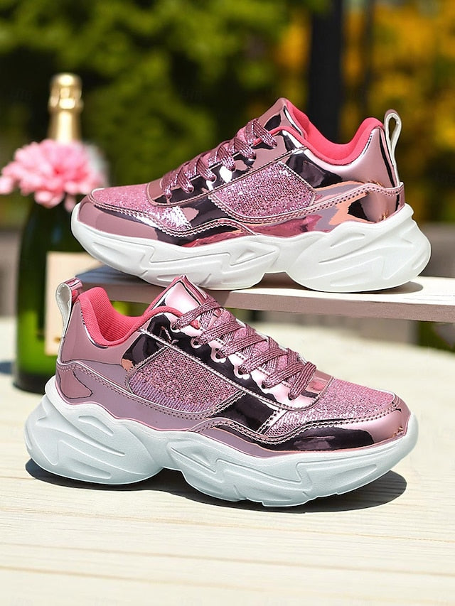 with Chunky Platform Metallic Sneakers Women's Glitter