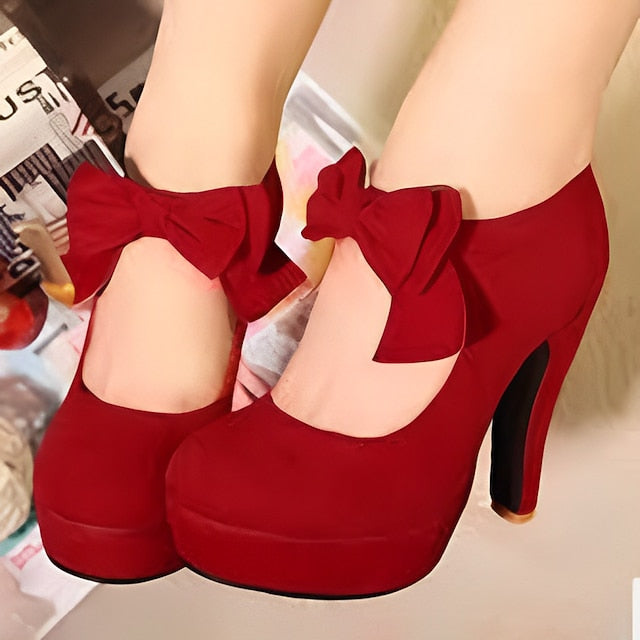 Pumps Bow High Red Heel Suede Platform – Women's Vintage