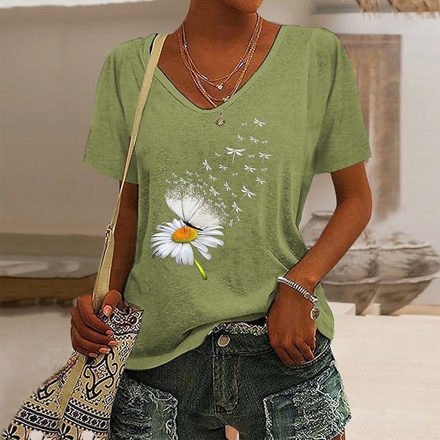 Women's T Shirt Butterfly Dandelion Basic Short Sleeve V