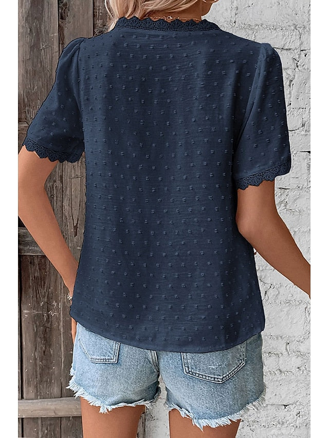 Women's T Shirt Lace Solid Color Fashion Short Sleeve V