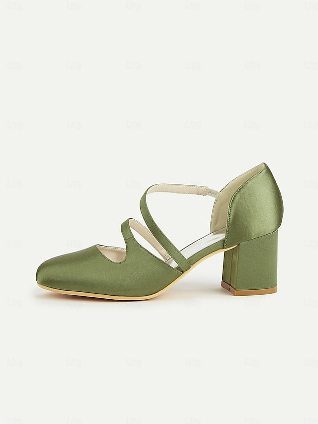 Jane 1950s Mary Elegant Green – Satin Block Heels Women's