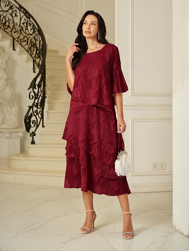 Women's Elegant Midi Mid Waist Skirts Floral Layered