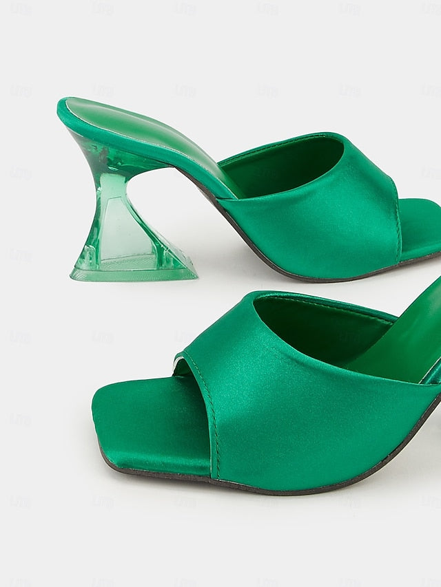 Satin for Block Open-Toe Green Mules Heels Transparent with