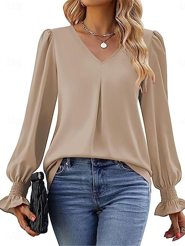 Women's Shirt Blouse Solid Color Basic Casual Long Sleeve V