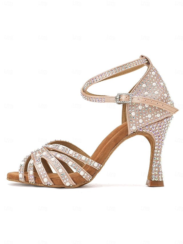 Sandals High Heel Tan Rhinestone-Embellished with Dance Latin