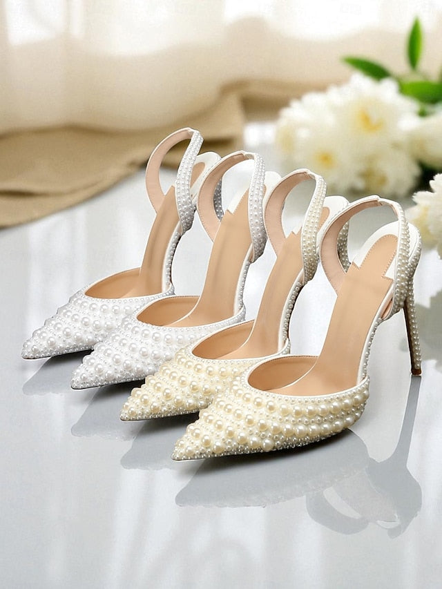 Slingback White Heels - Leather Pearl-Embellished Women's