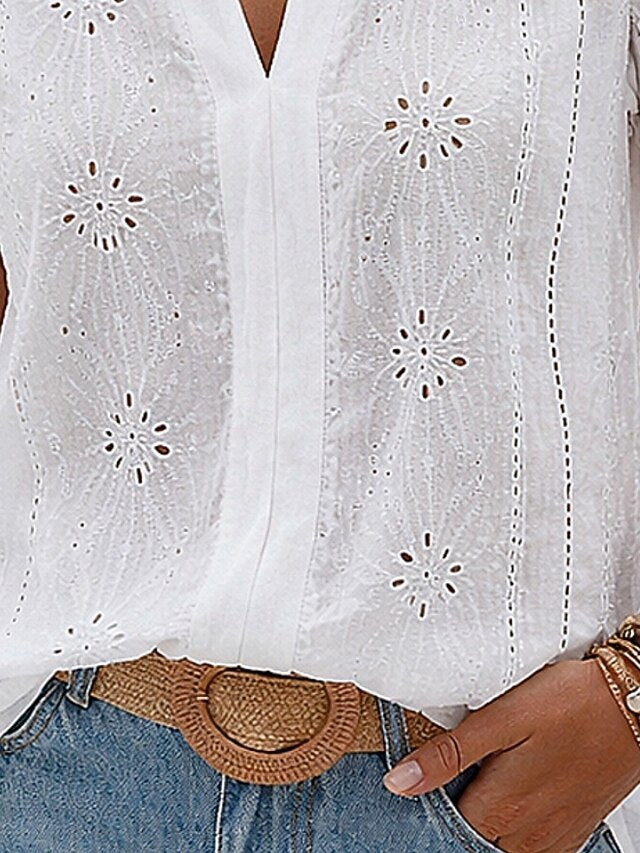 Women's Blouse Eyelet Solid Color Stylish Casual Short