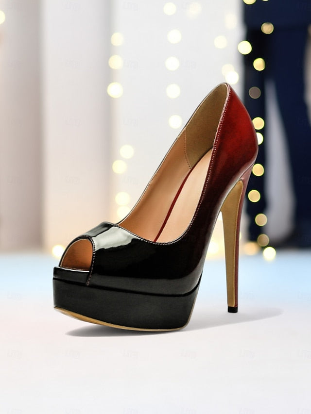 Leather Black Platform Toe Peep High Women's Heels Patent