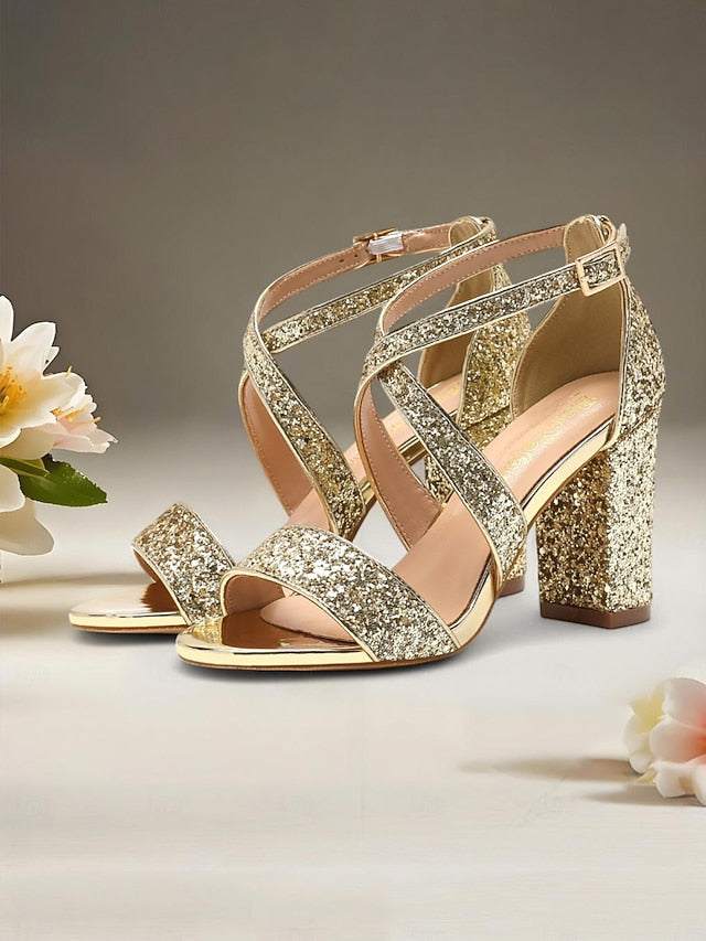 Sandals Block Women's Heel Gold Glitter