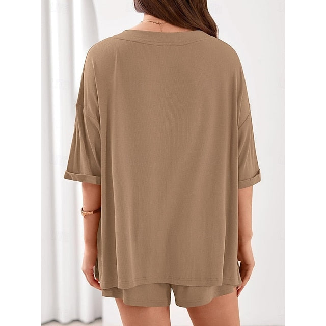 Women's Shorts Sets 3/4 Length Sleeve V Neck Solid Color