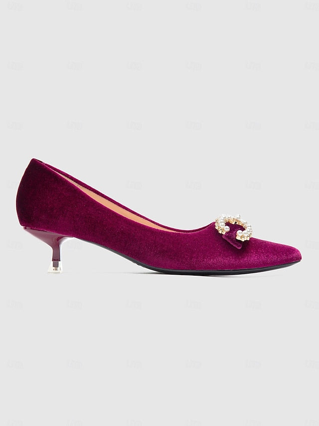 with Velvet Kitten Bow Pearl Women's Pumps Burgundy Heel -