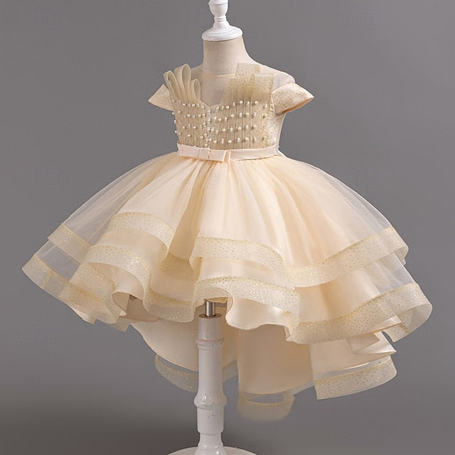 Wedding Solid Short Dress Kids Color Sleeve Girls' Party