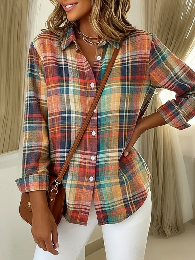 Women's Shirt Faux Cotton Linen Buttons Print Plaid Bohemia