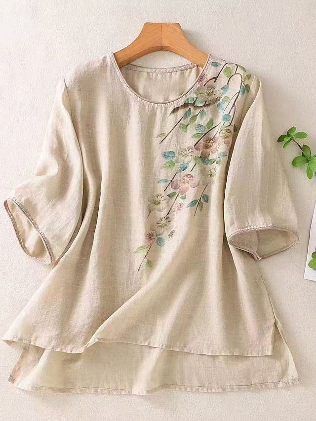 Women's Cotton Linen T Shirt Print Floral Fashion Modern