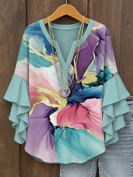 Women's Blouse V Neck Layered Ruffle Sleeve Tops Ombre