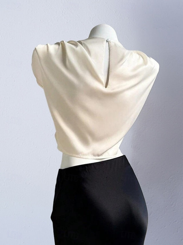 Women's Shirt Satin Shirt Blouse Wrap Crop Top Ruched Plain