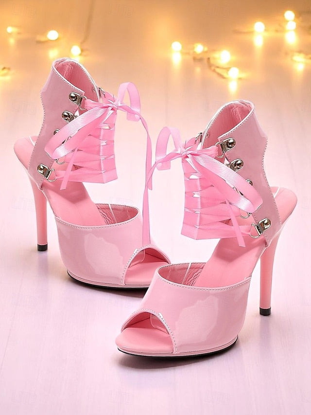 Patent Stiletto Lace-Up Black Sexy Cutout Sandals Women's -