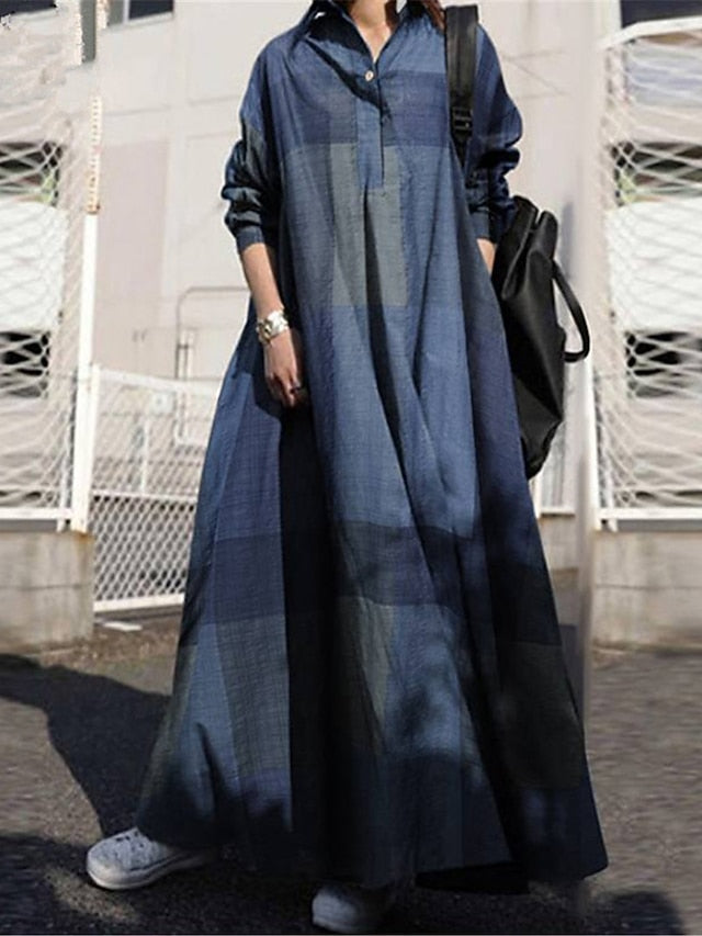 Women's Blue Spring Fall Winter Maxi Dress Cotton Blend