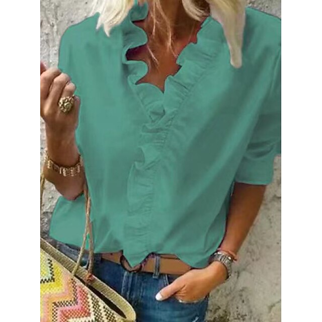 Women's Blouse Shirt V Neck Lettuce Trim Plain Modern V