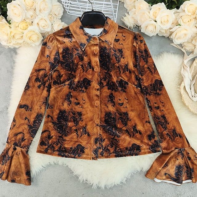 Women's Blouse Dressy Tops Ruched Patchwork Buttons Graphic