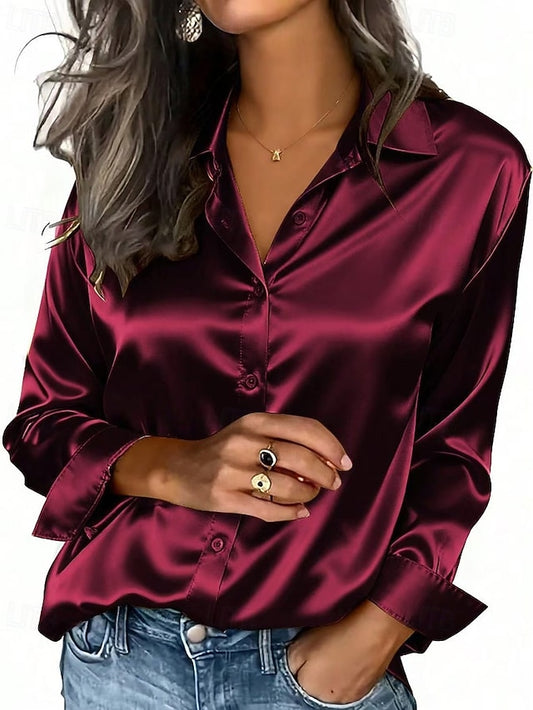 Women's Shirt Elegant Satin Top Blouse Buttons Plain Active