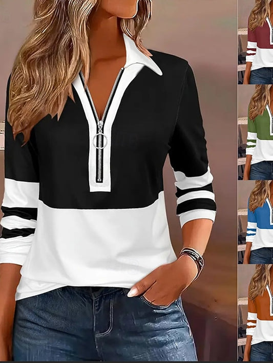 Women's Blouse Zipper Striped Stylish Casual Long Sleeve