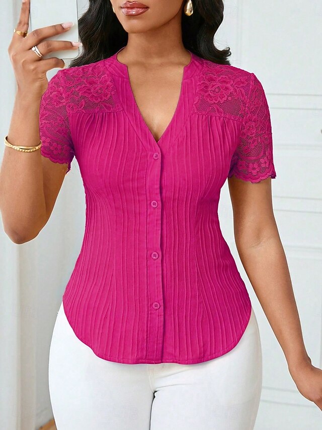 Women's T Shirt Tee Top Lace Patchwork Plain Elegant