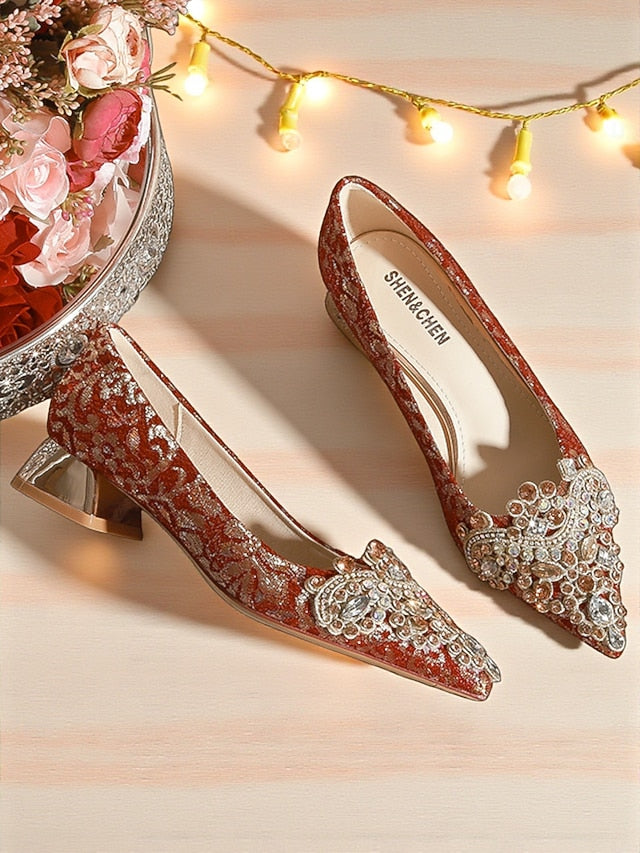 Embellished Pointed-Toe Women's Flats Red Rhinestone