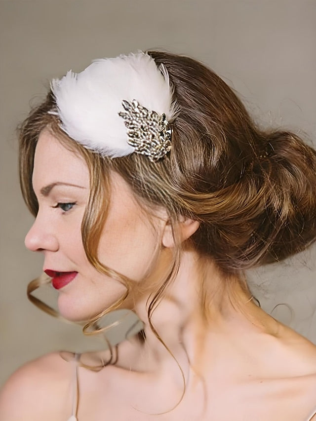 Hair - Vintage Crystal White Women's Clip Feather