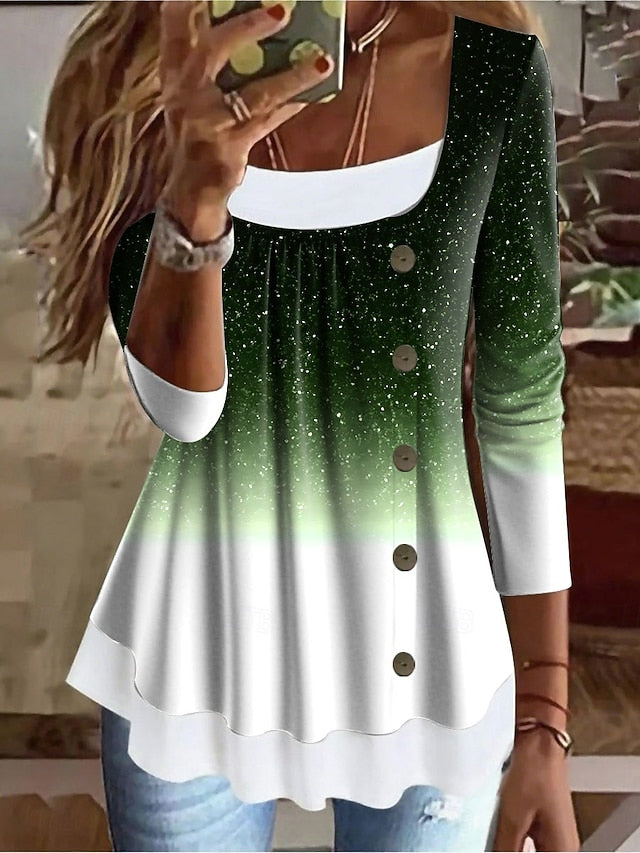 Women's T Shirt Patchwork Buttons Print Ombre Graphic