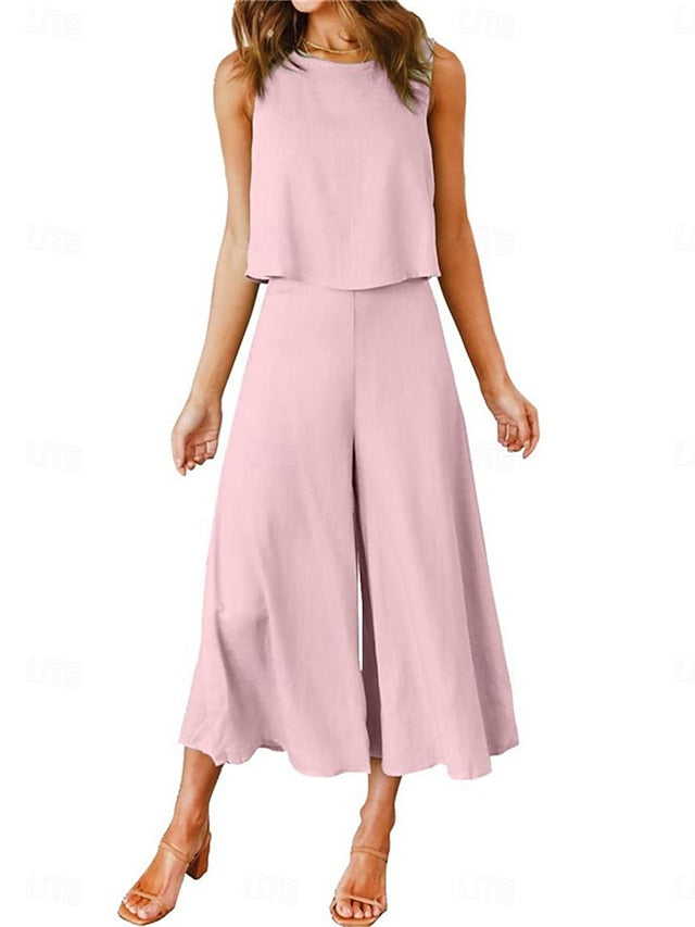 Women's Tank Top Wide Leg Pants Sleeveless Crew Neck Plain