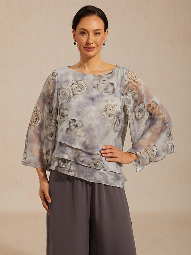 Women's Chiffon Tops Lace up Floral Elegant 3/4 Length