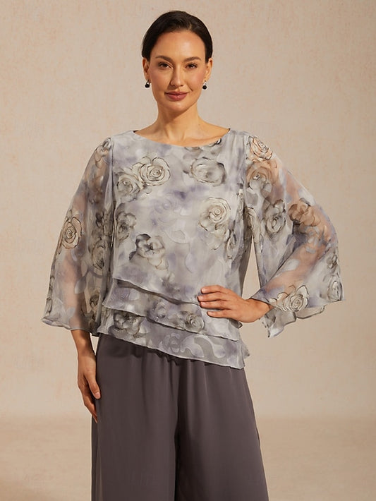 Women's Chiffon Tops Lace up Floral Elegant 3/4 Length