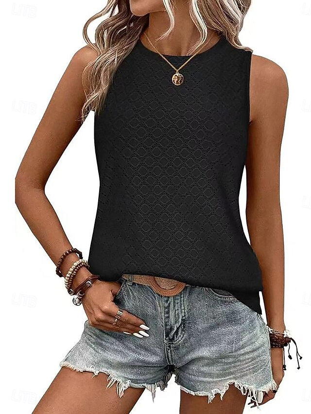 Women's T Shirt Tank Top Tee Top Patchwork Eyelet Solid