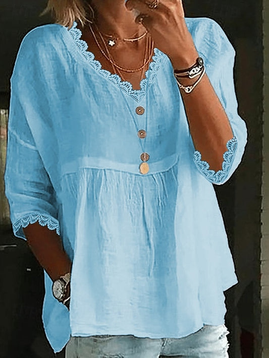 Women's Cotton Blend Button Up Lace Splicing Top Solid