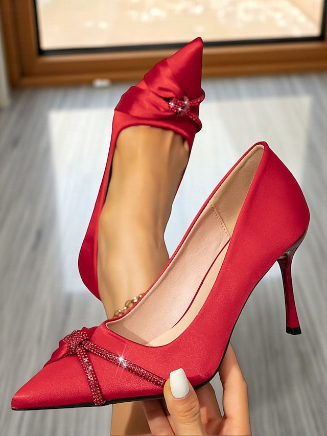 Heels Satin Stiletto Pointed with Red Women's Toe