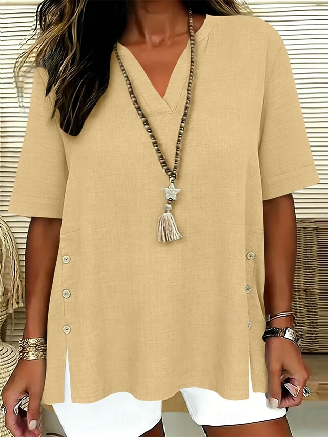 Women's Blouse Faux Linen Shirt Buttons Solid Color Daily