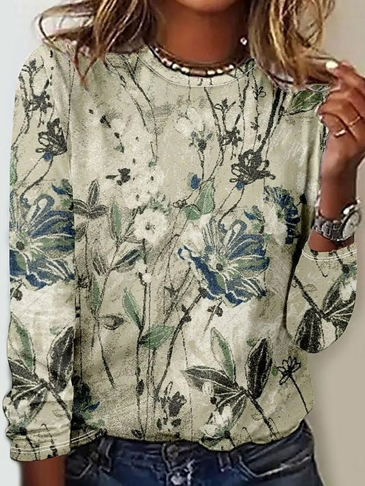 Women's T shirt Crew Neck Long Sleeve Tunic Floral Plants