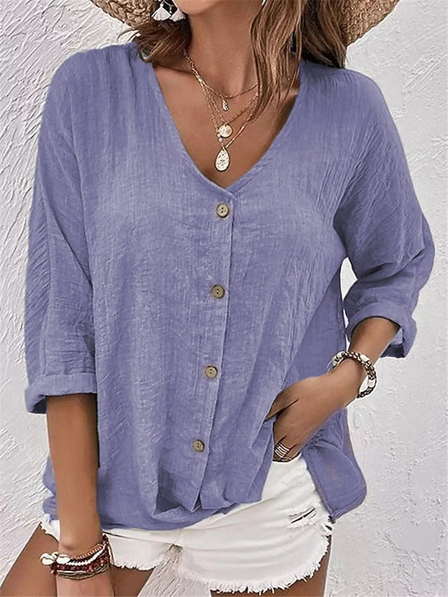 Women's Shirt Blouse Ruched Buttons Plain Elegant Vacation