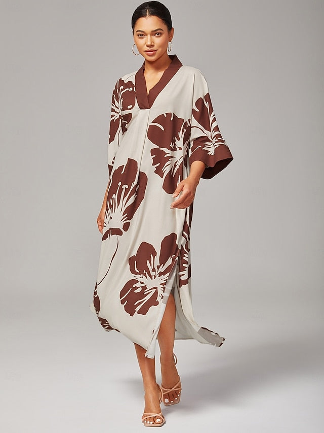 Women Female Casual Dress Brown Short Sleeves 3/4 Sleeve Floral