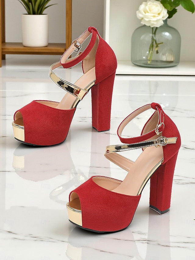 - Platform Women's Block Red Heel Peep Suede Toe Sandals